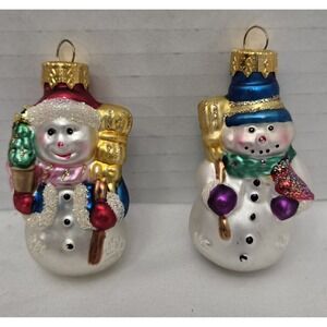 Lot/2 Vintage Unique Treasures Blown Glass Snowman Christmas Ornaments Glitter